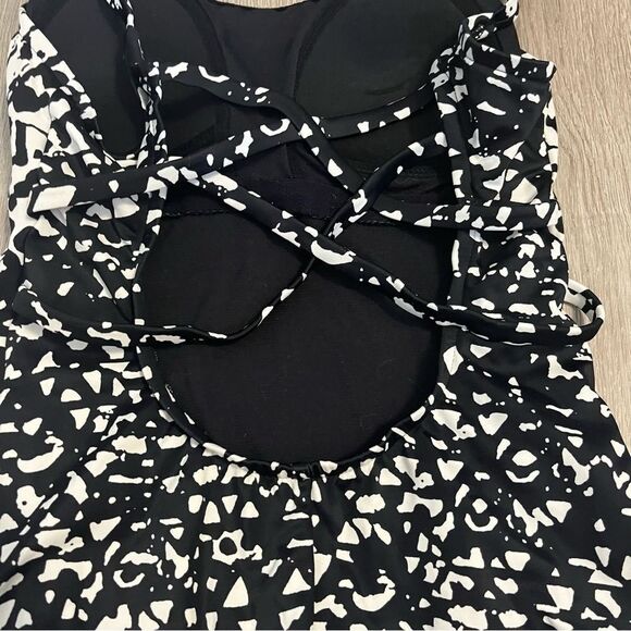 Women's Aqua Green Black & White Print Lace Up Back One Piece Swimsuit - Picture 5 of 8